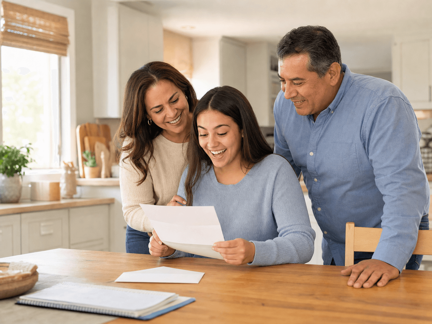 A young woman reading a scholarship letter while her proud parents look on